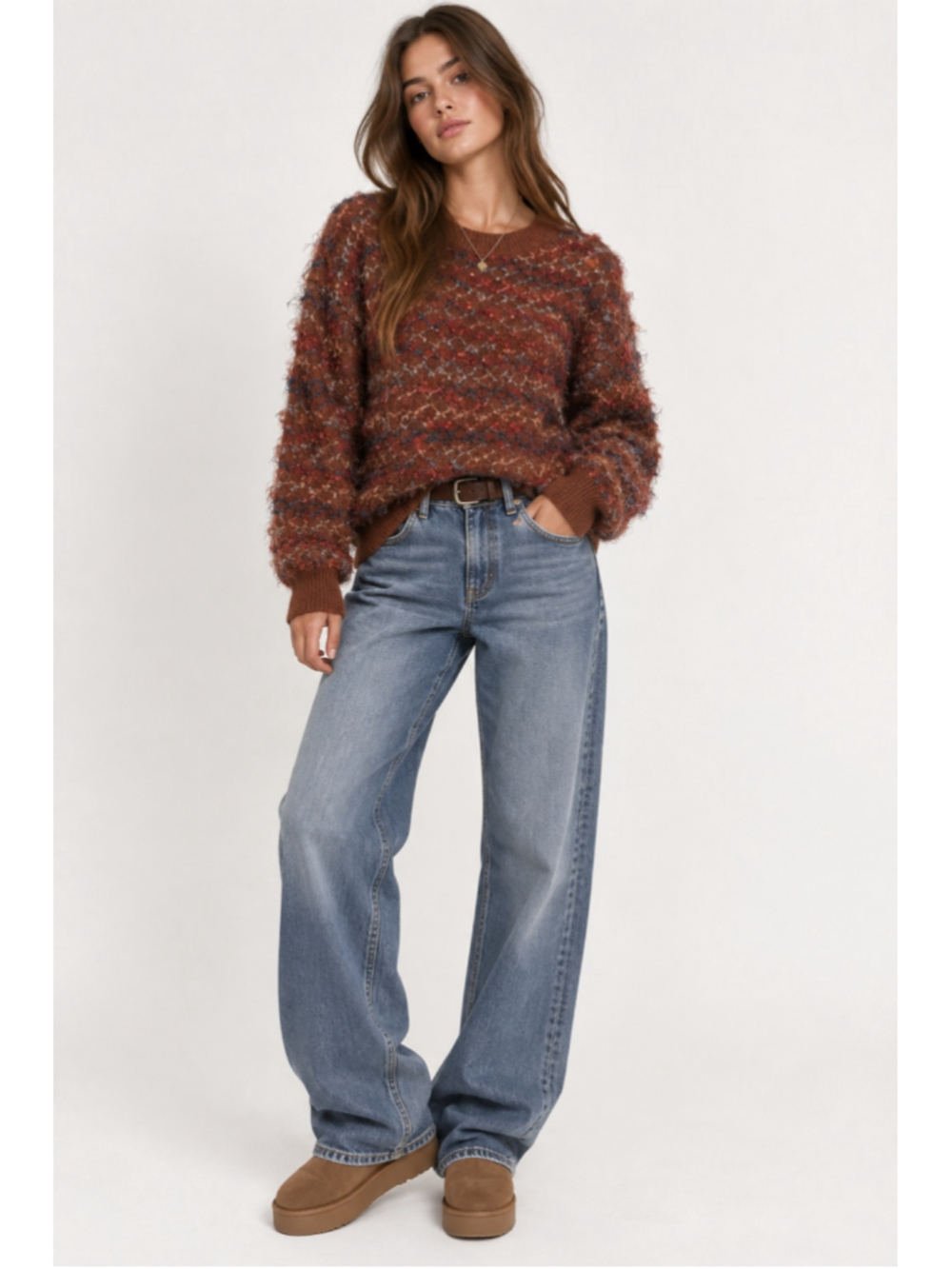 Molly Bracken Fuzzy Multicolor Textured Sweater Rust Brown Y2K Boho Size M